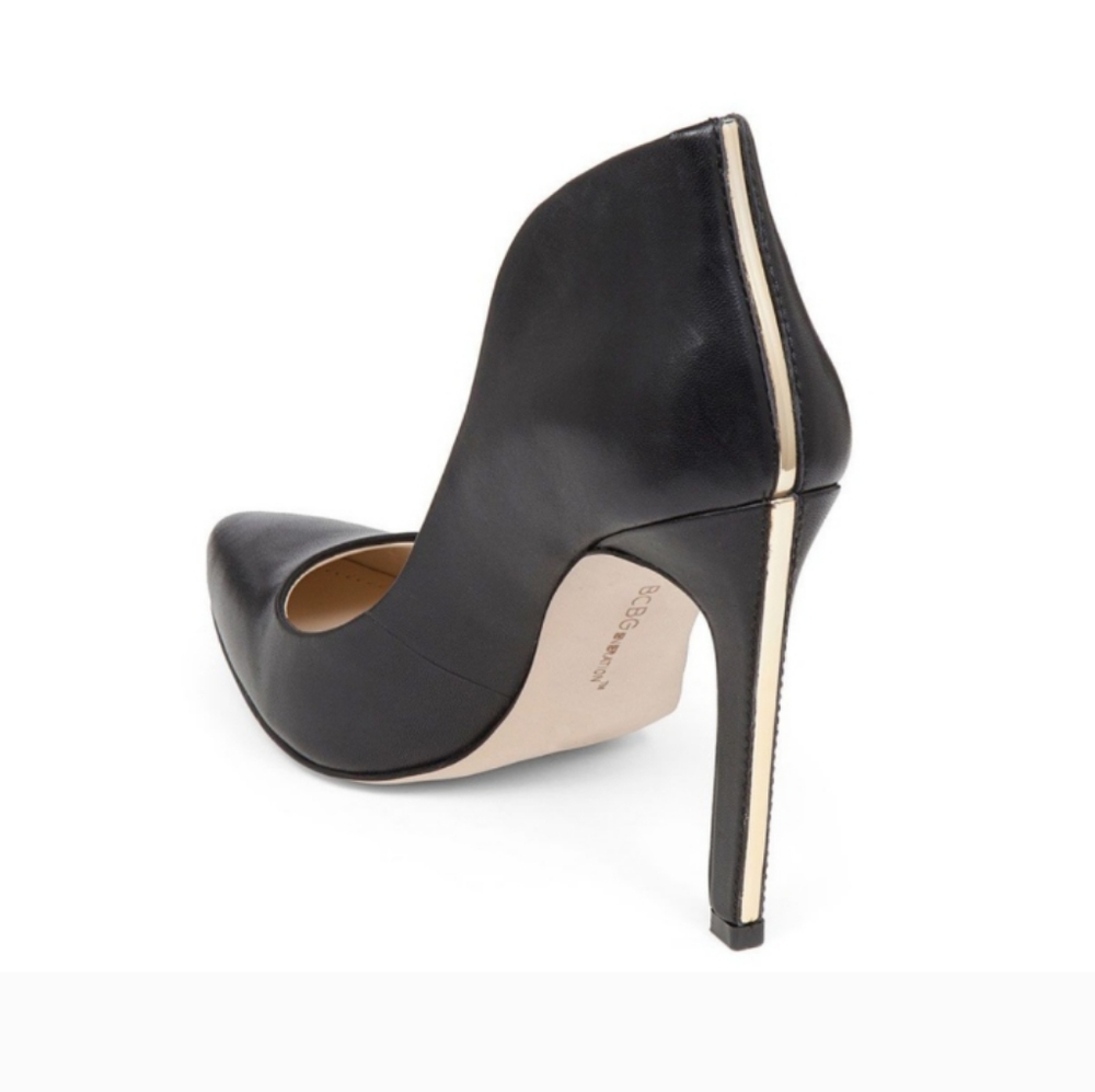 🆕BCBGeneration Cosette Black Leather Pumps with Gold Trim Heel Backs Size 7.5M - Picture 2 of 16